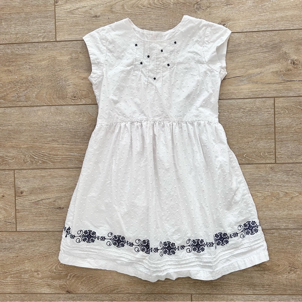 Hanna Andersson White cotton Dress blue embroidery and Swiss dots Girls Sz‎ 10